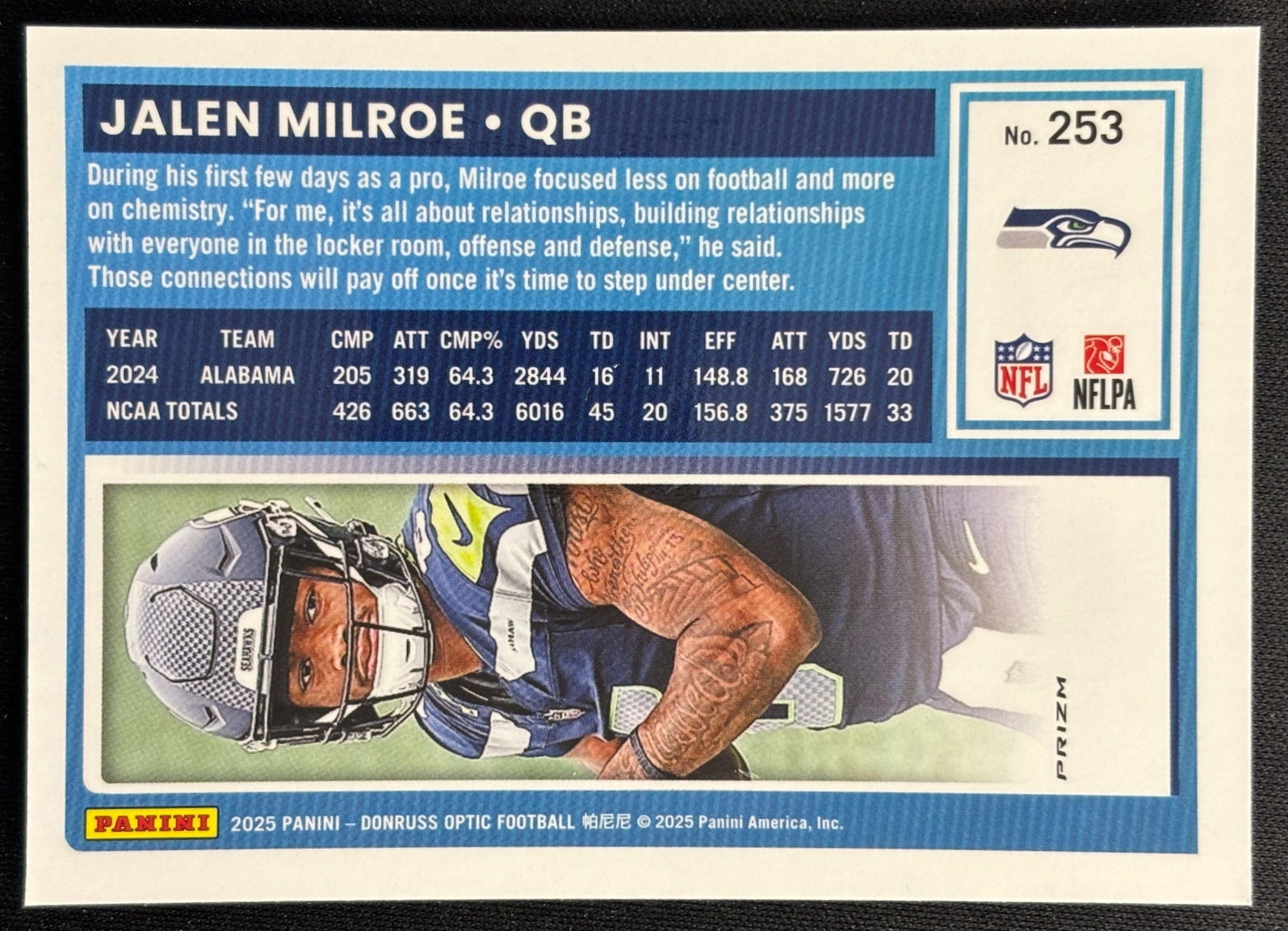 Jalen Milroe 2025 Donruss Optic Rated Rookie Pink Prizm Seahawks Sports Trading Card