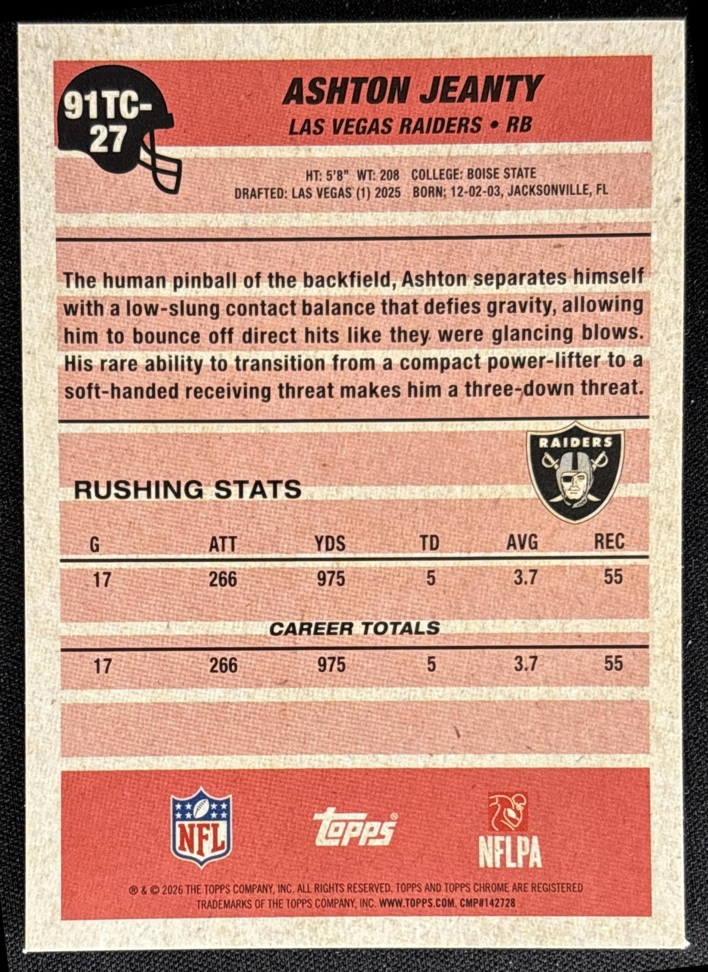 Ashton Jeanty 2026 Topps 1991 Chrome Mojo Refractor Raiders