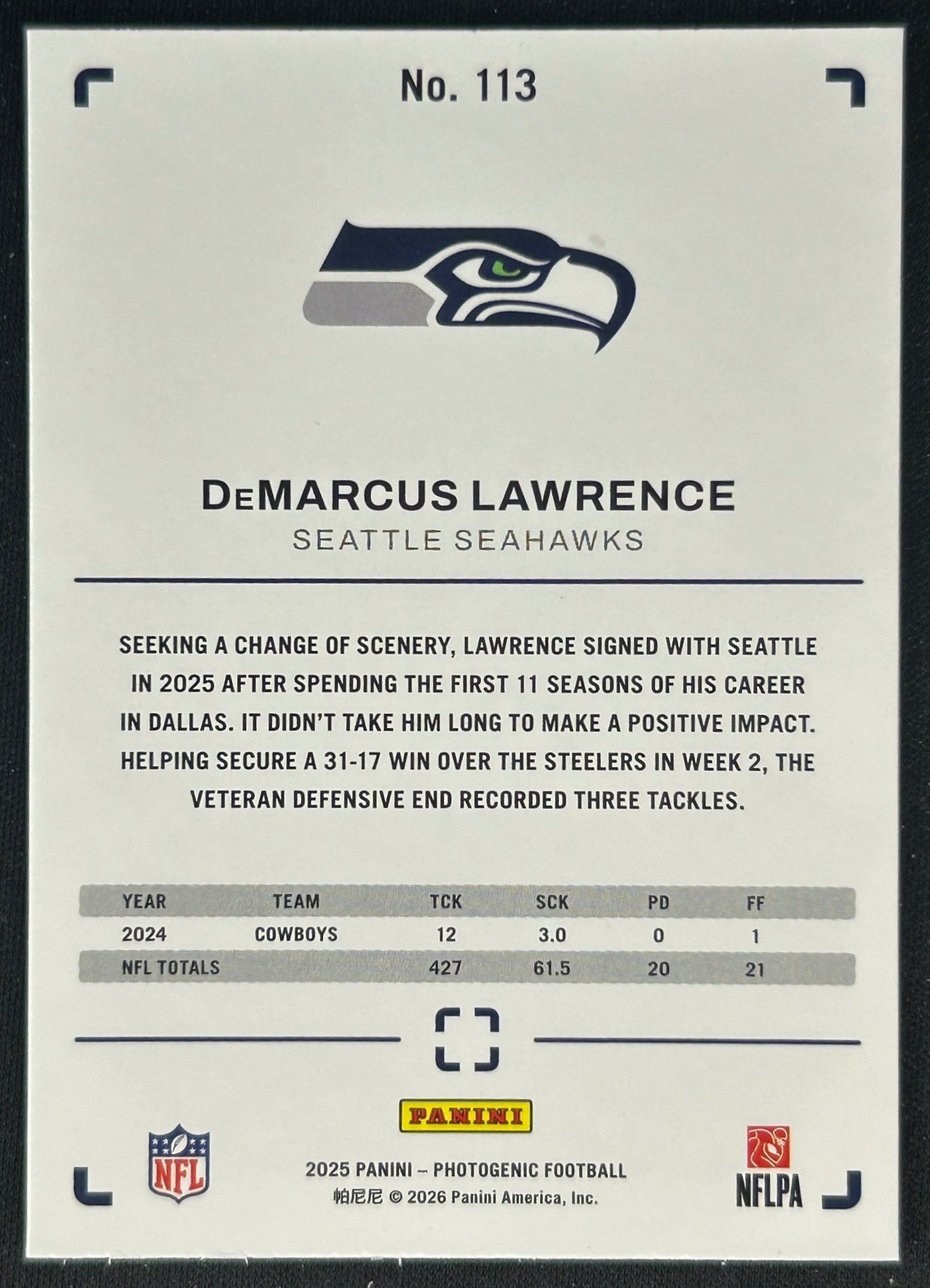 DeMarcus Lawrence 2025 PhotoGenic Horizontal Seahawks Sports Trading Cards