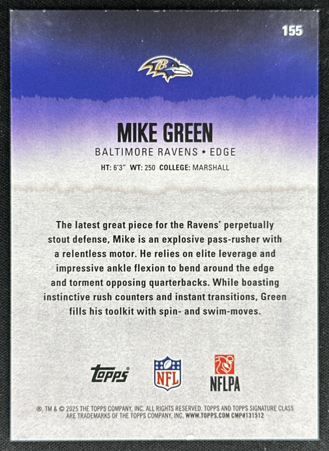 Mike Green 2025 Topps Signature Class Rookie Teal Foil /225 Ravens