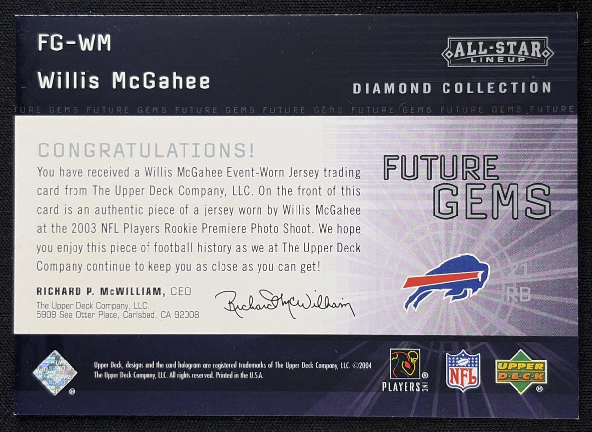 Willis McGahee 2004 Upper Deck Diamond Collection All-Star Lineup Future Gems Jersey Bills Sports Trading Card