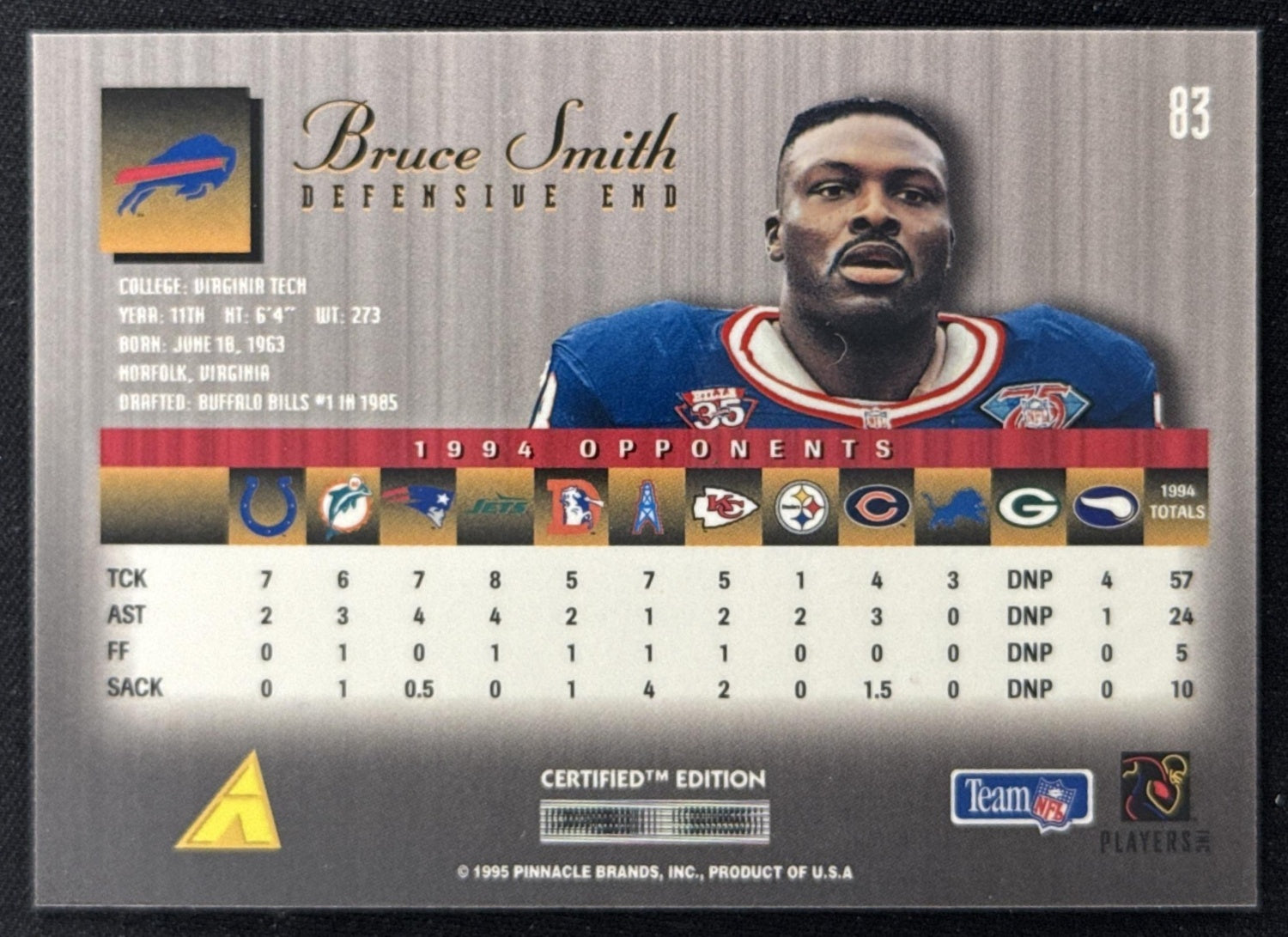 Bruce Smith 1995 Pinnacle Select Certified Bills Sports Trading Card