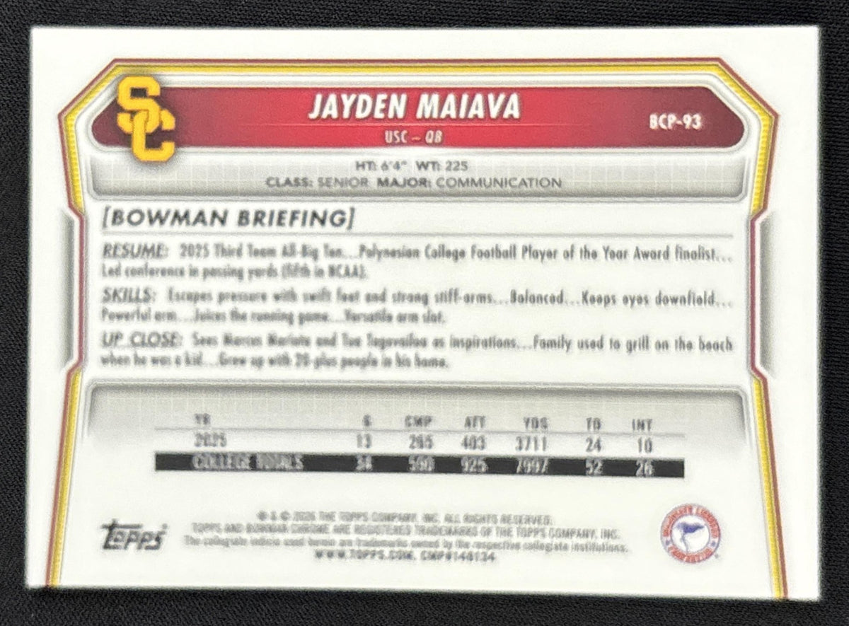 Jayden Maiava 2026 Bowman Chrome Prospects Purple Refractor /75 Trojans Sports Trading Card