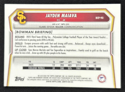 Jayden Maiava 2026 Bowman Chrome Prospects Purple Refractor /75 Trojans Sports Trading Card