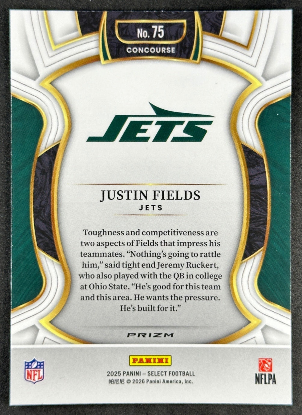 Justin Fields 2025 Select Concourse Green and Red Prizm Shock Jets