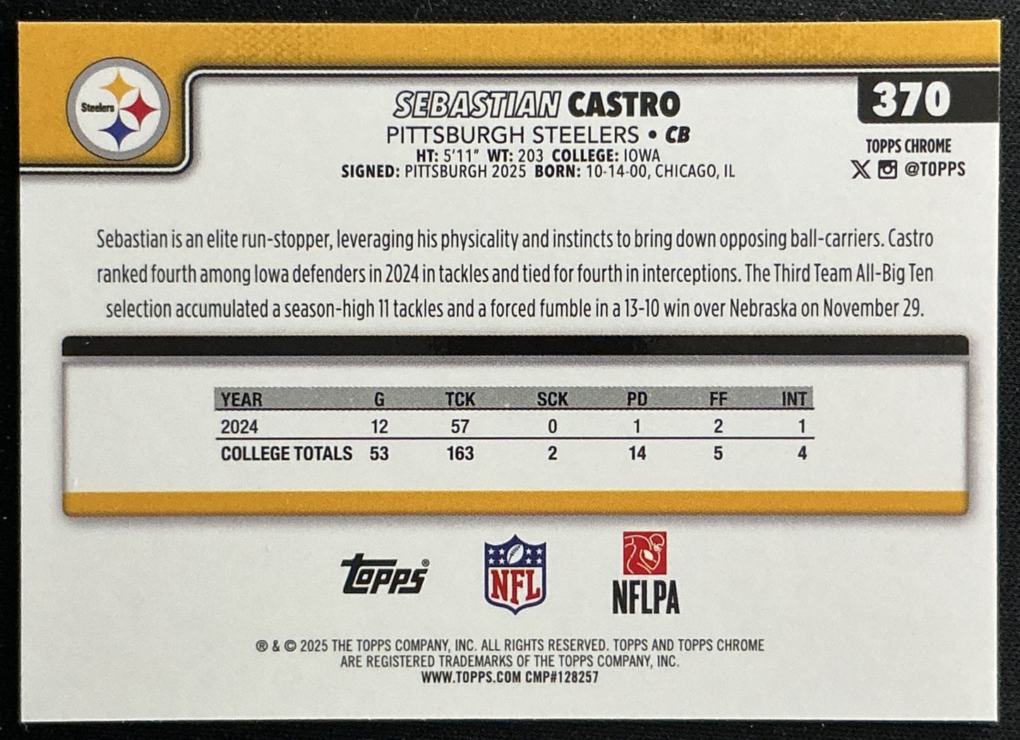 Sebastian Castro 2025 Topps Chrome Rookie Steelers Sports Trading Cards