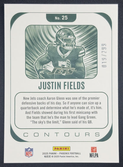 Justin Fields 2025 Panini Phoenix Contours Wave Prizm /299 Jets Sports Trading Card