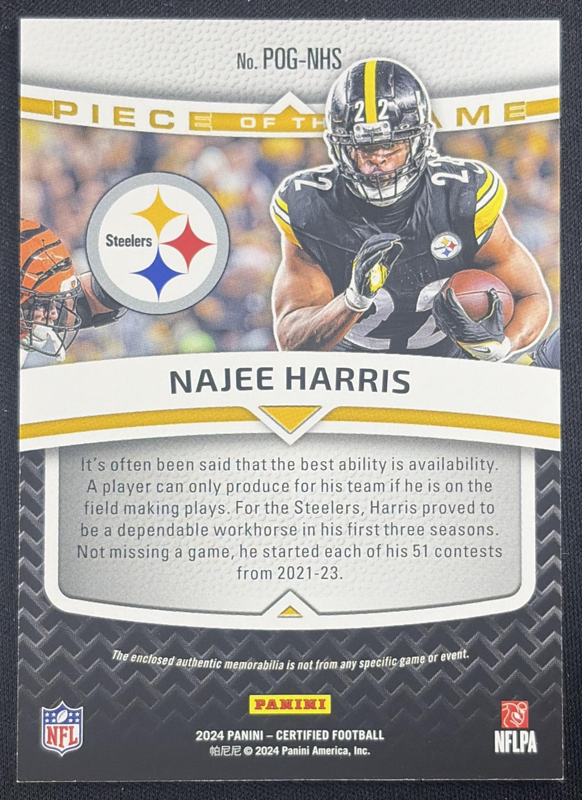 Najee Harris 2024 Panini Certified Piece of the Game /249 Steelers