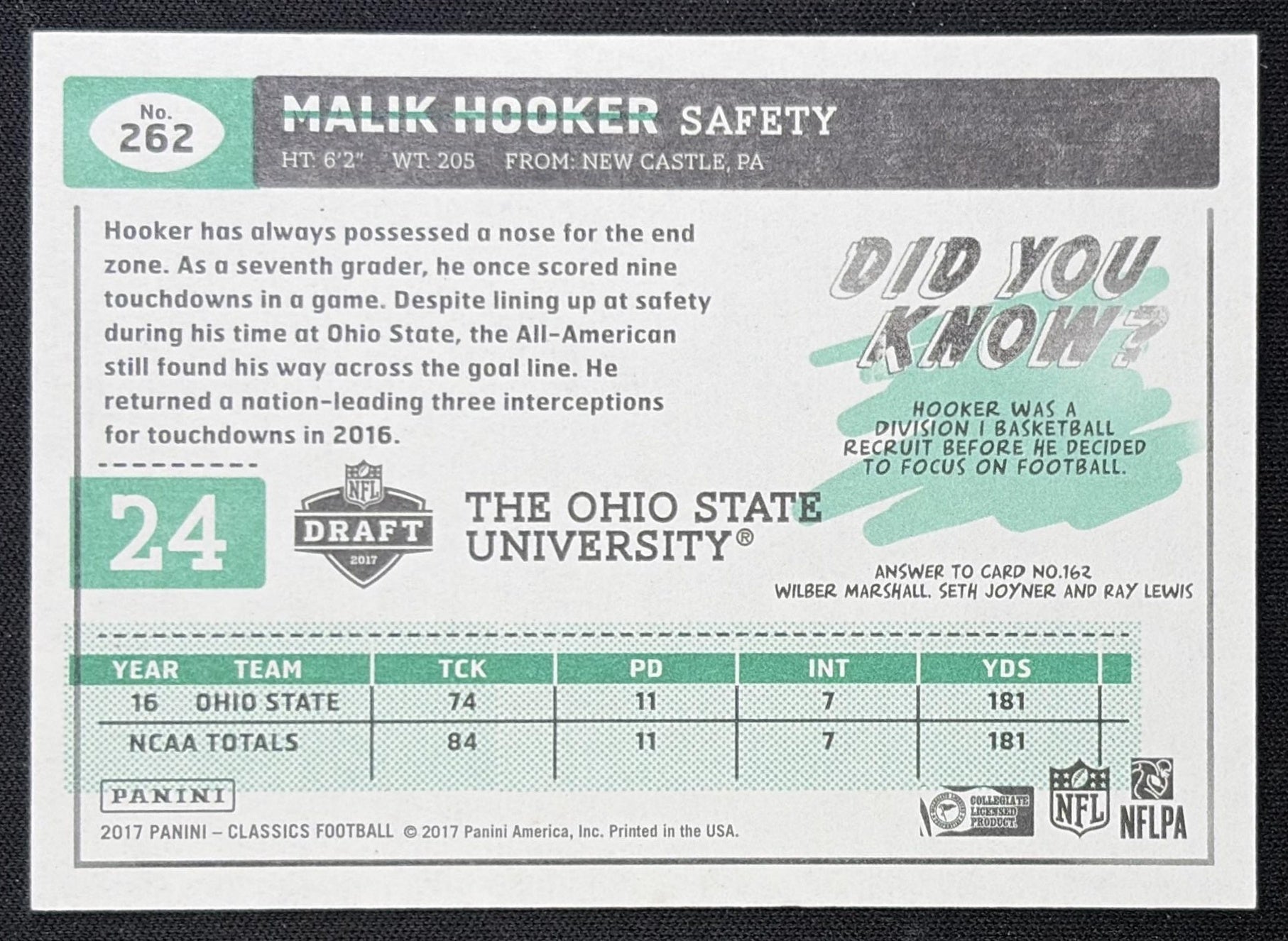 Malik Hooker 2017 Panini Classics Timeless Tributes Gold /99 Buckeyes
