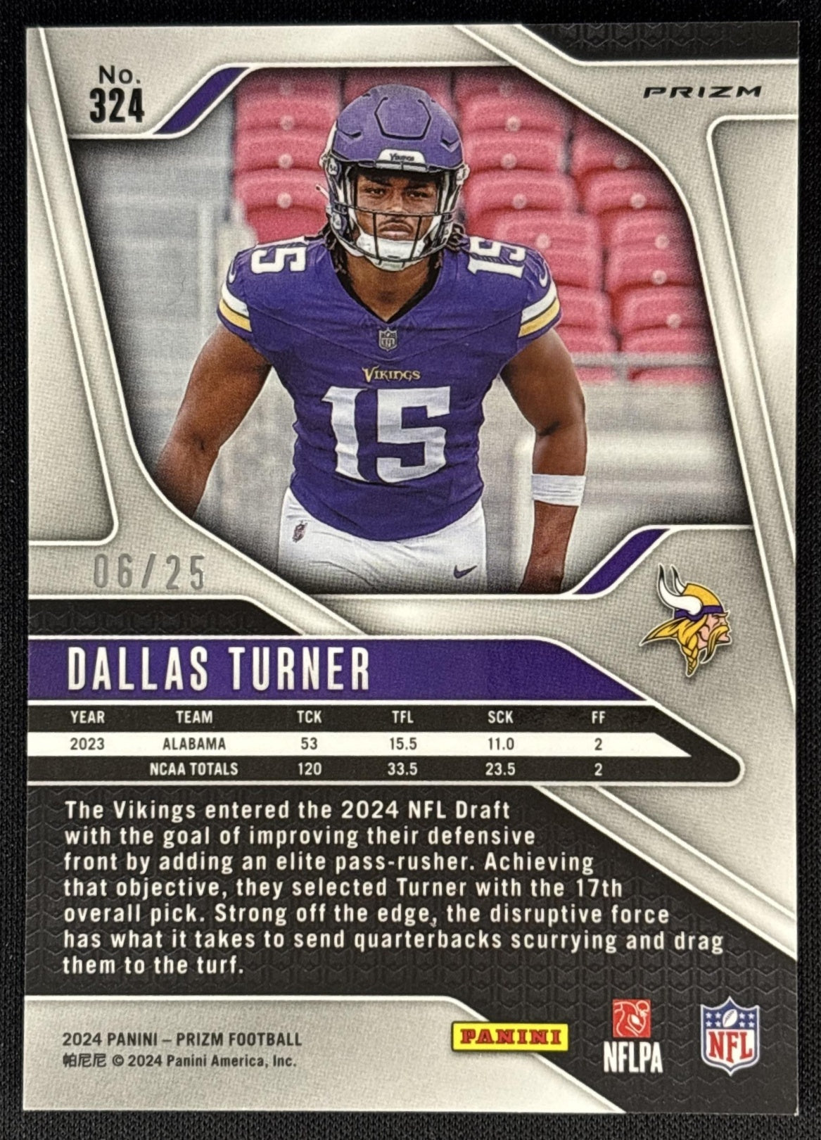 Dallas Turner 2024 Panini Prizm No Huddle Pink /25 Vikings back