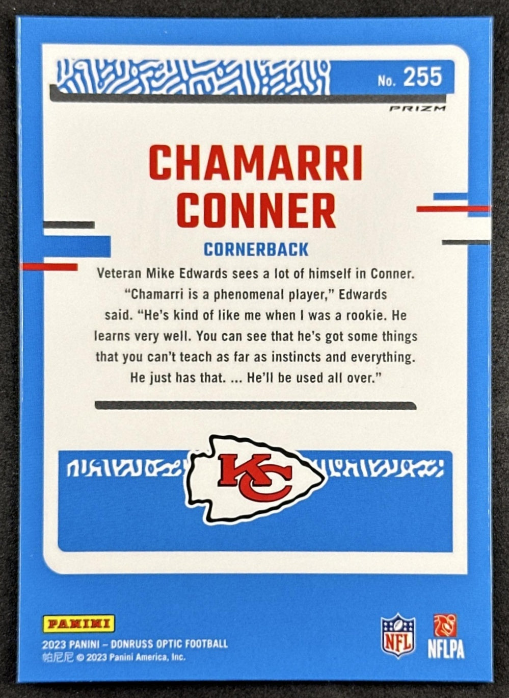 Chamarri Conner 2023 Panini Donruss Optic Green Hyper Prizm Chiefs Back