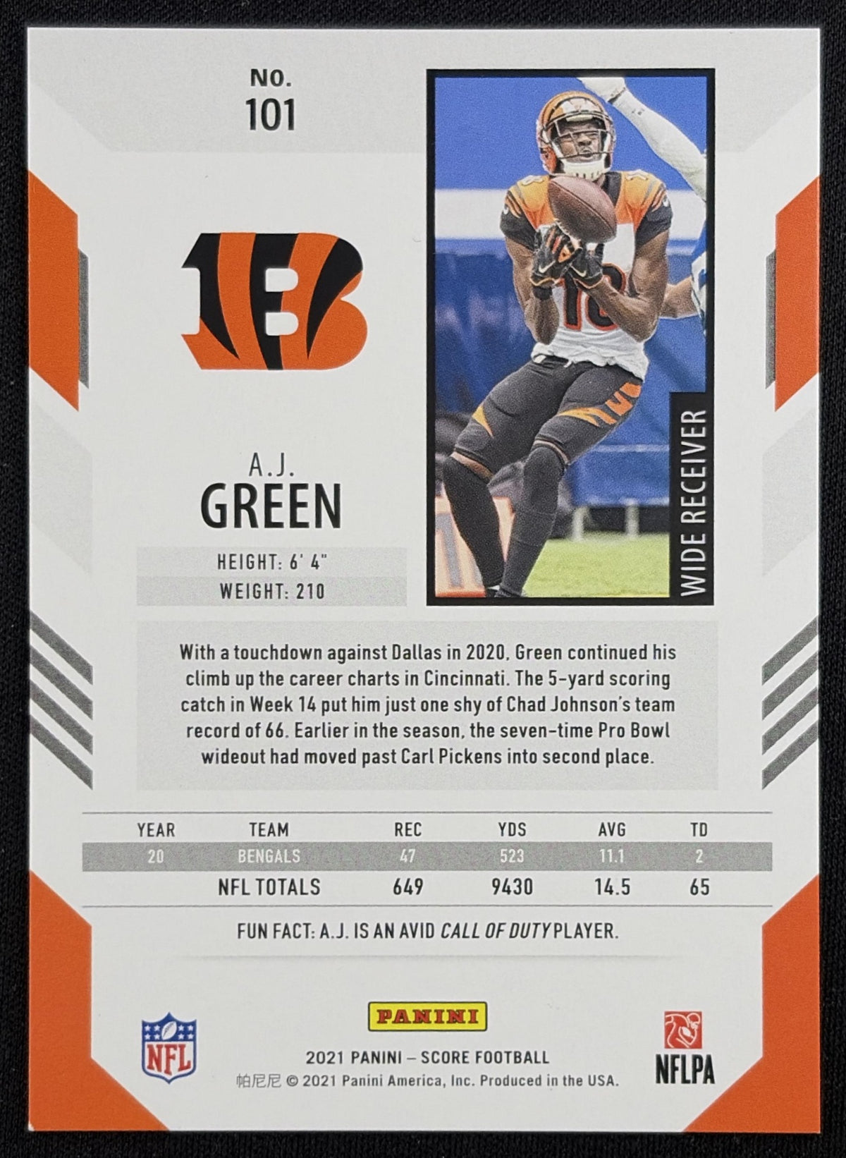A.J. Green 2021 Panini Score Lava /575 Bengals Cincinnati Bengals Sports Trading Card