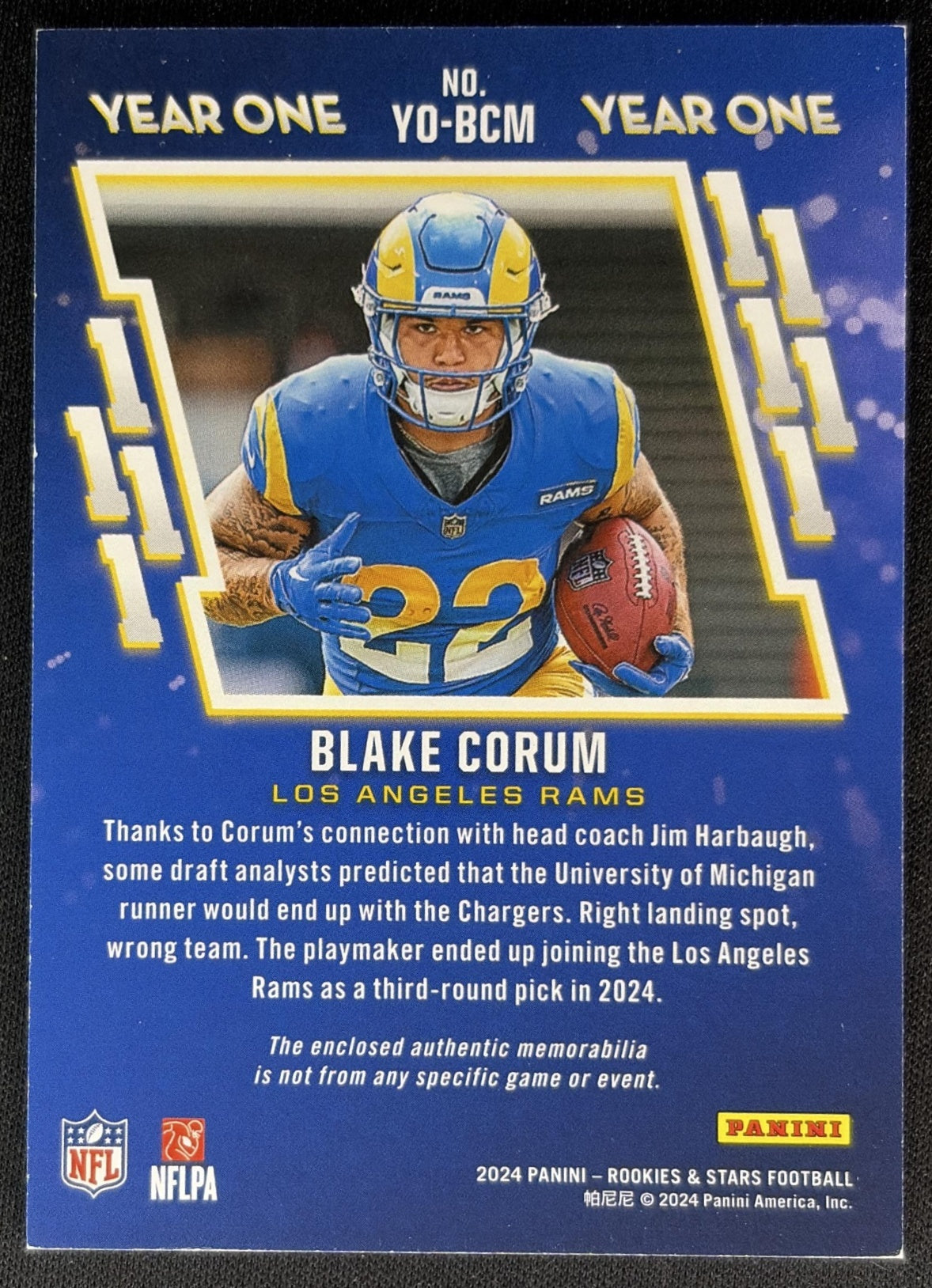 Blake Corum 2024 Panini Rookies & Stars Year One Rams back