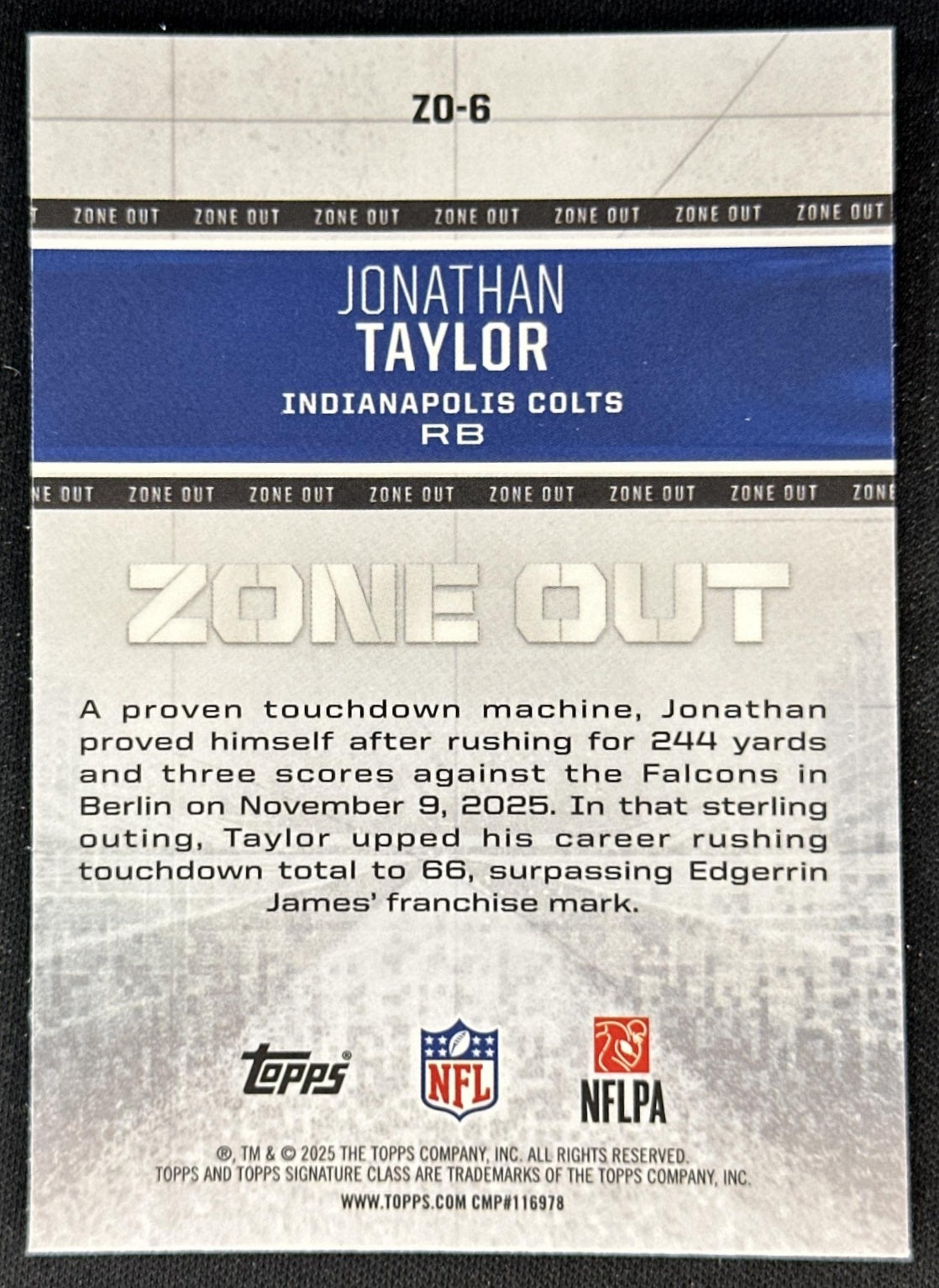 Jonathan Taylor 2025 Topps Signature Class Zone Out Colts back