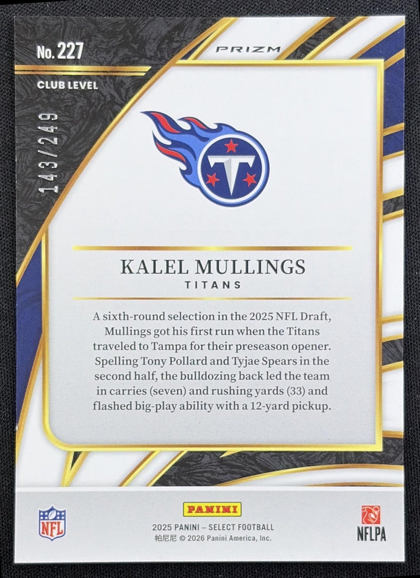 Kalel Mullings 2025 Panini Select Club Level Tri-Color Prizm /249 Titans