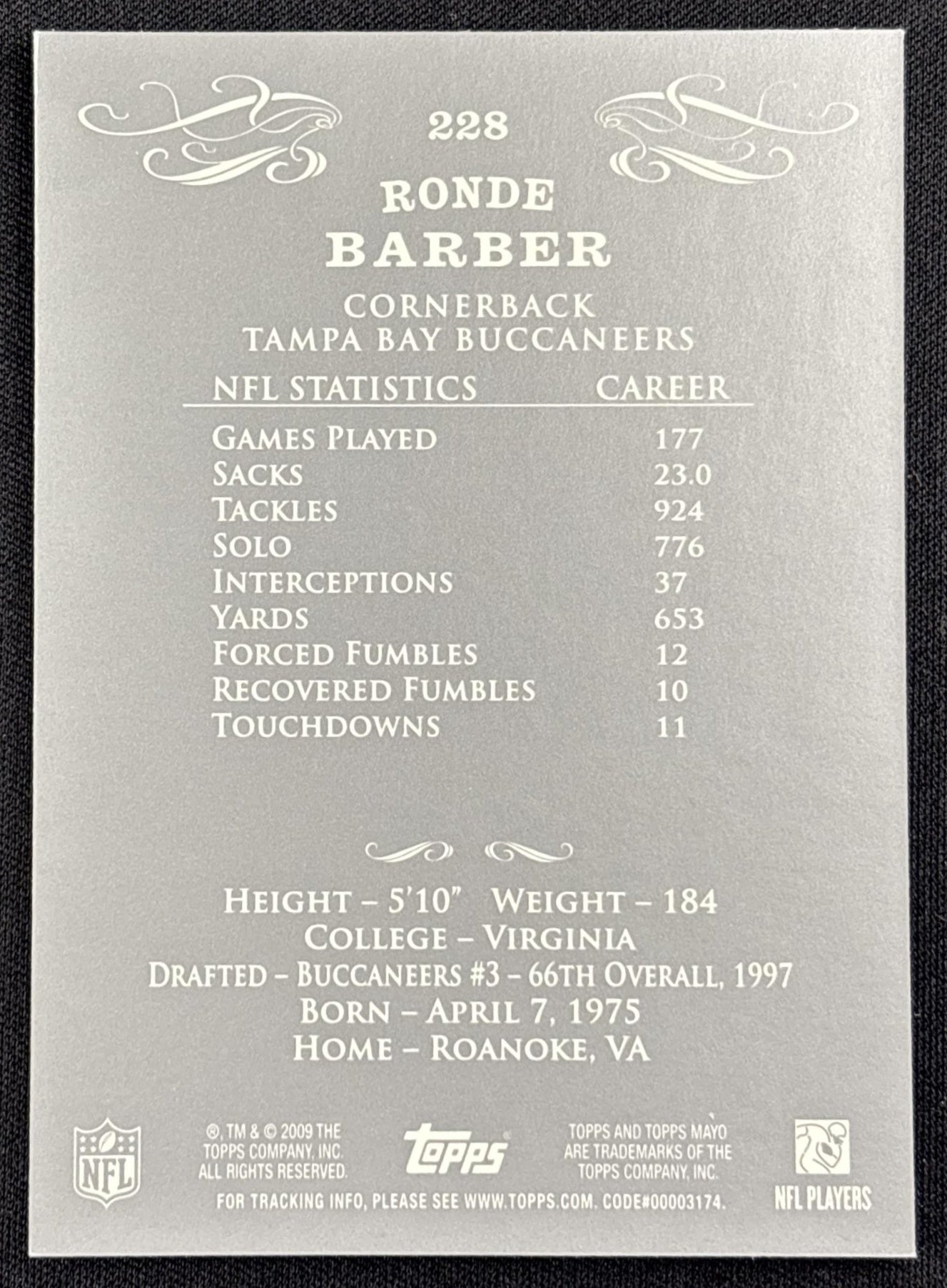 Ronde Barber 2009 Topps Mayo Buccaneers