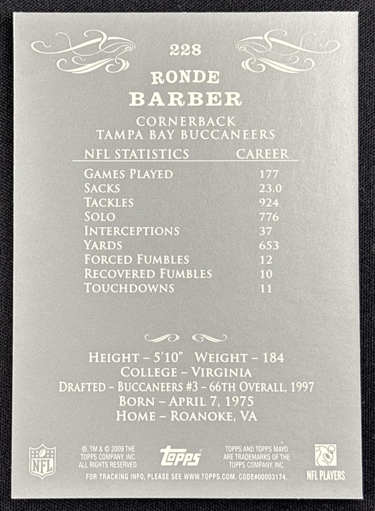 Ronde Barber 2009 Topps Mayo Buccaneers