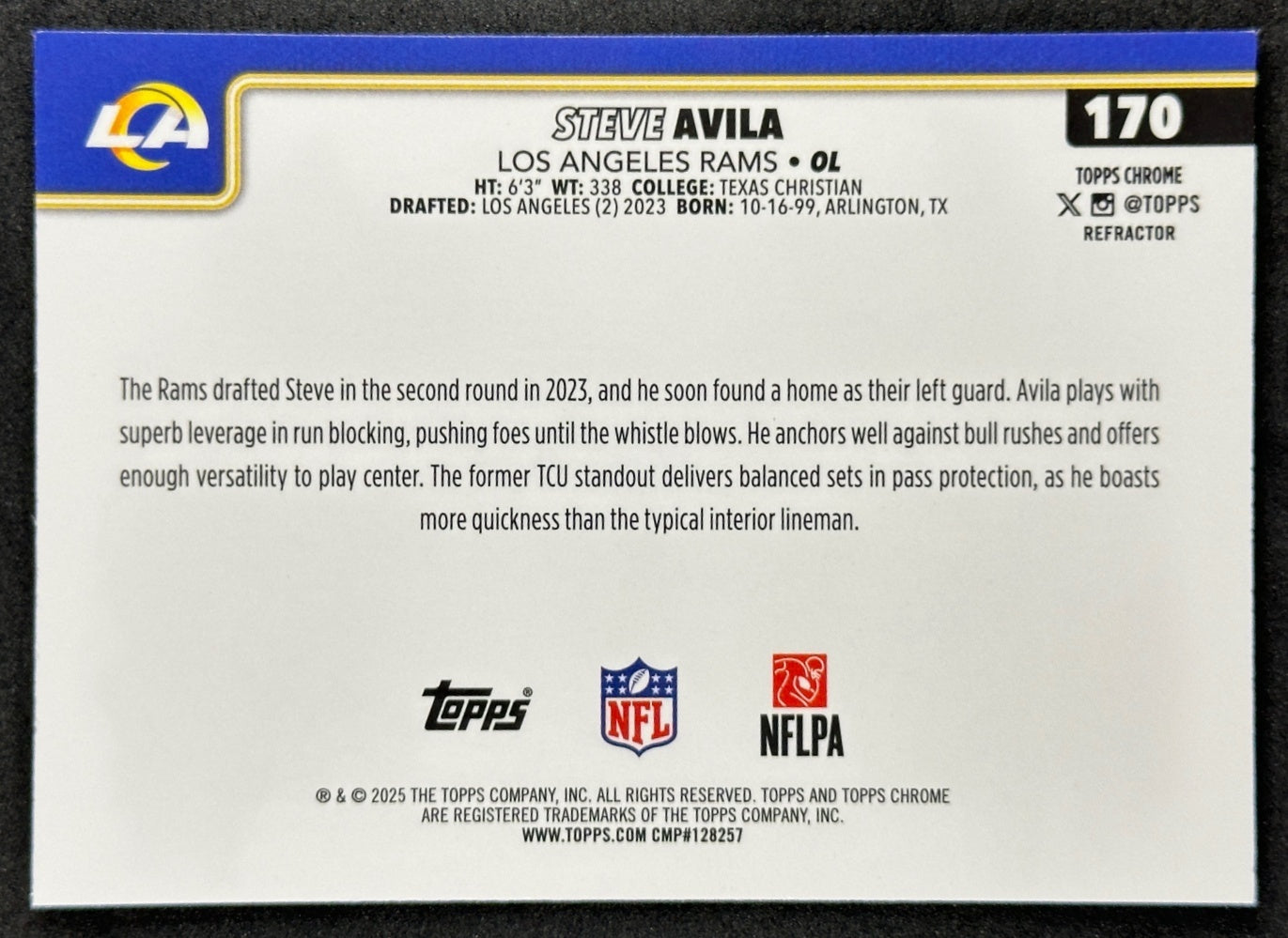 Steve Avila 2025 Topps Chrome Refractor Rams Sports Trading Cards