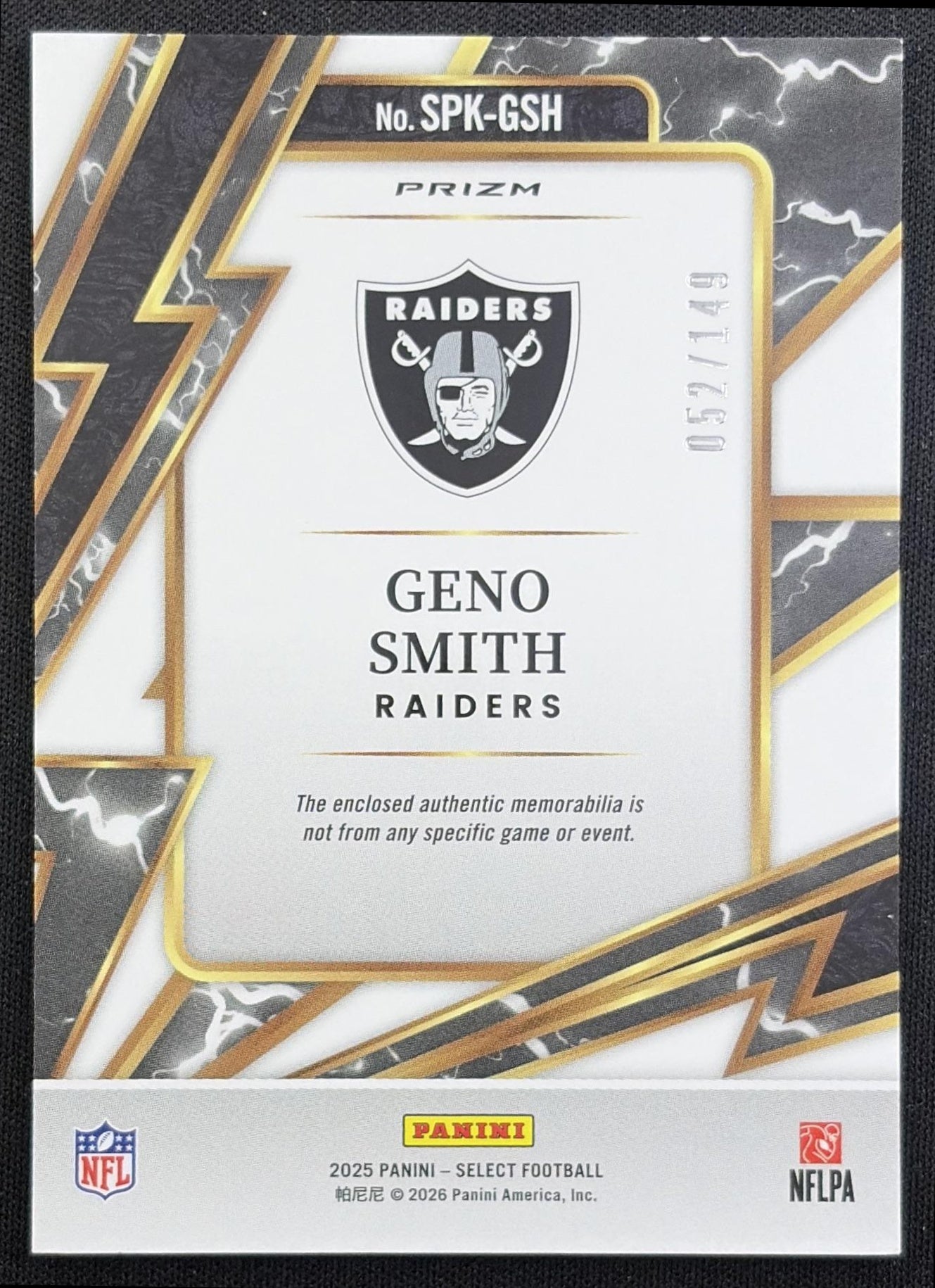 Geno Smith 2025 Panini Select Sparks Silver Prizm /149 Raiders Las Vegas Raiders back