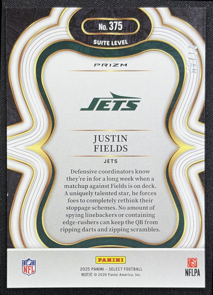 Justin Fields 2025 Panini Select Suite Level Red Prizm /49 Jets back