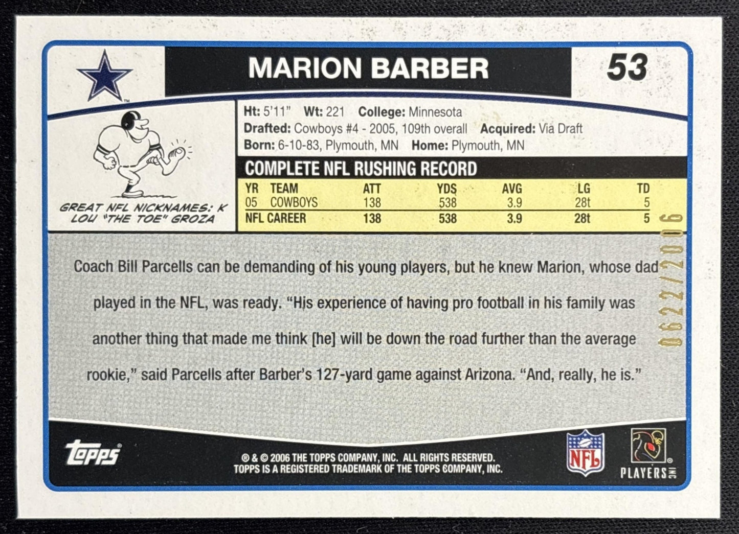 Marion Barber 2006 Topps Gold /2006 Cowboys back
