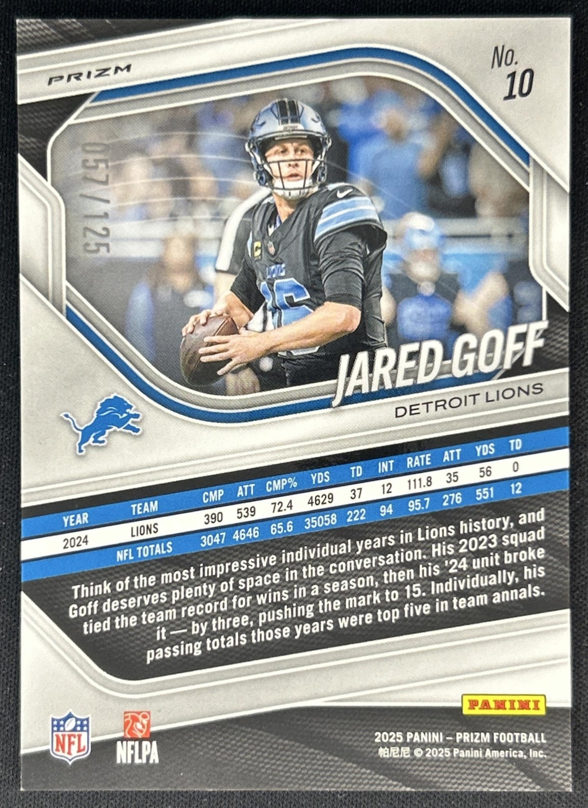 Jared Goff 2025 Panini Prizm Purple /125 Lions Back
