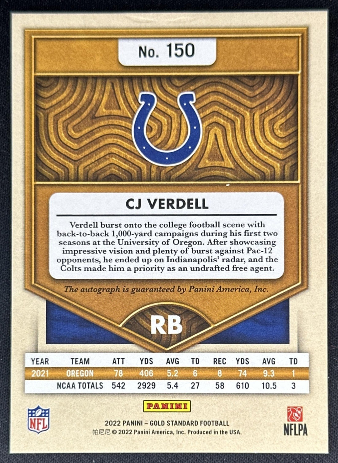 CJ Verdell 2022 Panini Gold Standard Rookies Auto /199 Colts Sports Trading Cards