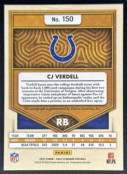 CJ Verdell 2022 Panini Gold Standard Rookies Auto /199 Colts Sports Trading Cards