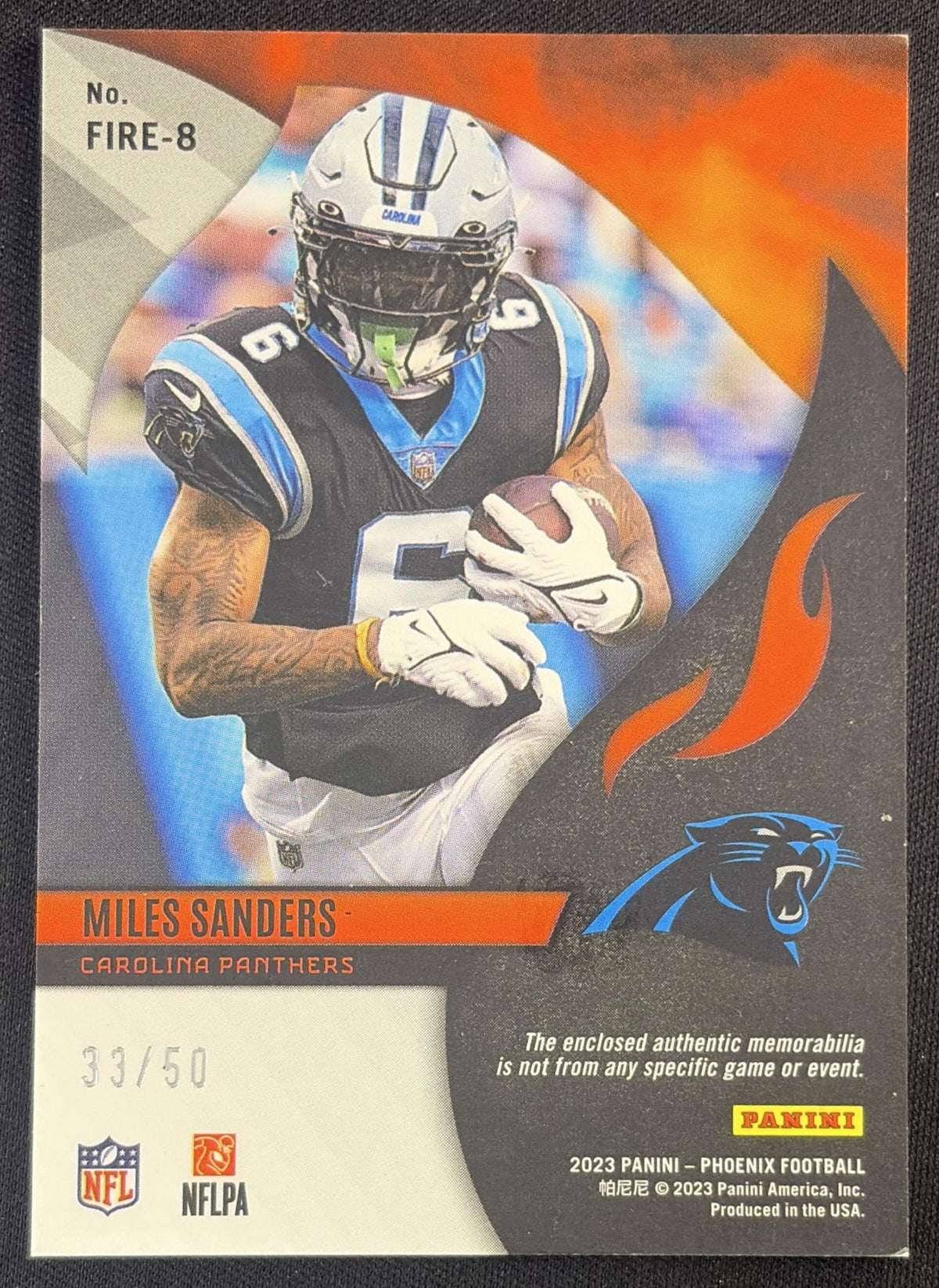 Miles Sanders 2023 Panini Phoenix Fire Fabrics Purple /50 Panthers