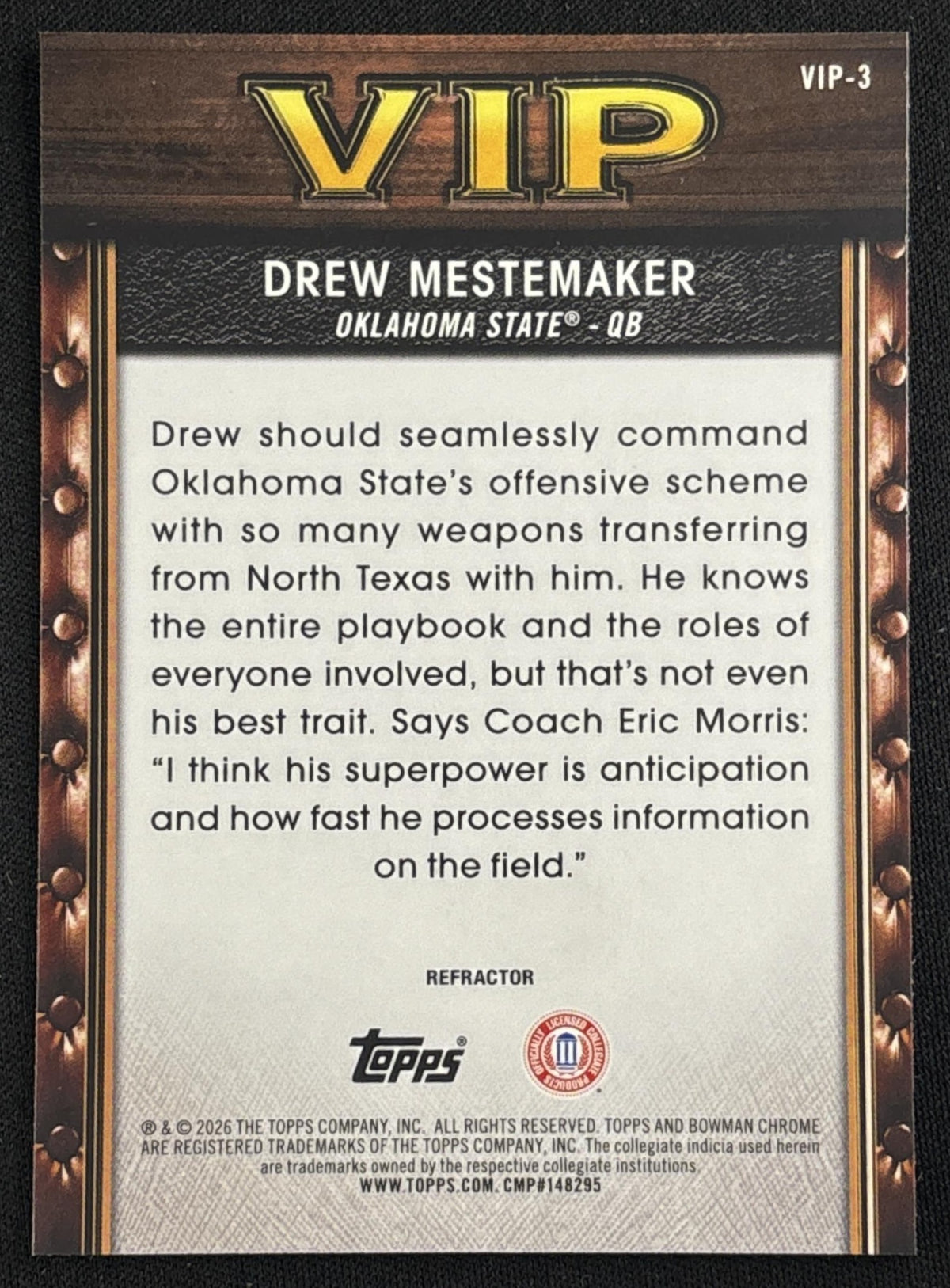 Drew Mestemaker 2026 Bowman Chrome Very Important Prospects Refractor Cowboys Sports Trading Card