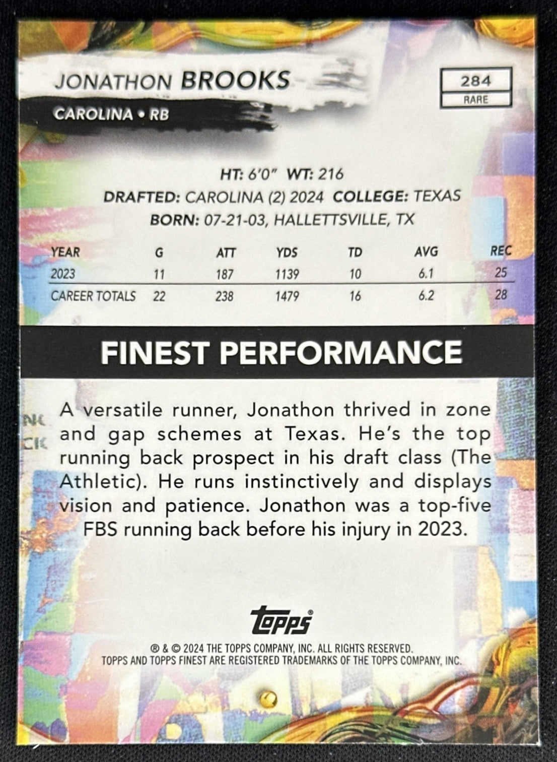 Jonathon Brooks 2024 Topps Finest Sky Blue Refractor /150 Panthers back