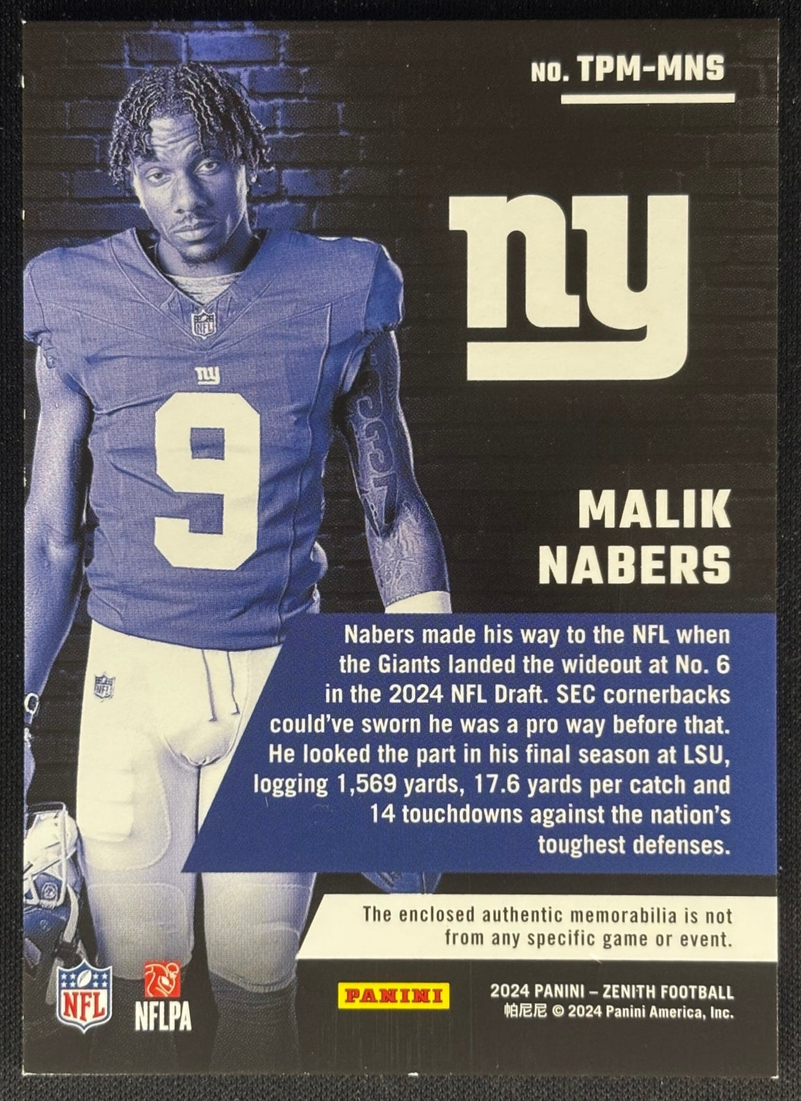 Malik Nabers 2024 Panini Zenith Turning Pro Memorabilia Giants Sports Trading Cards