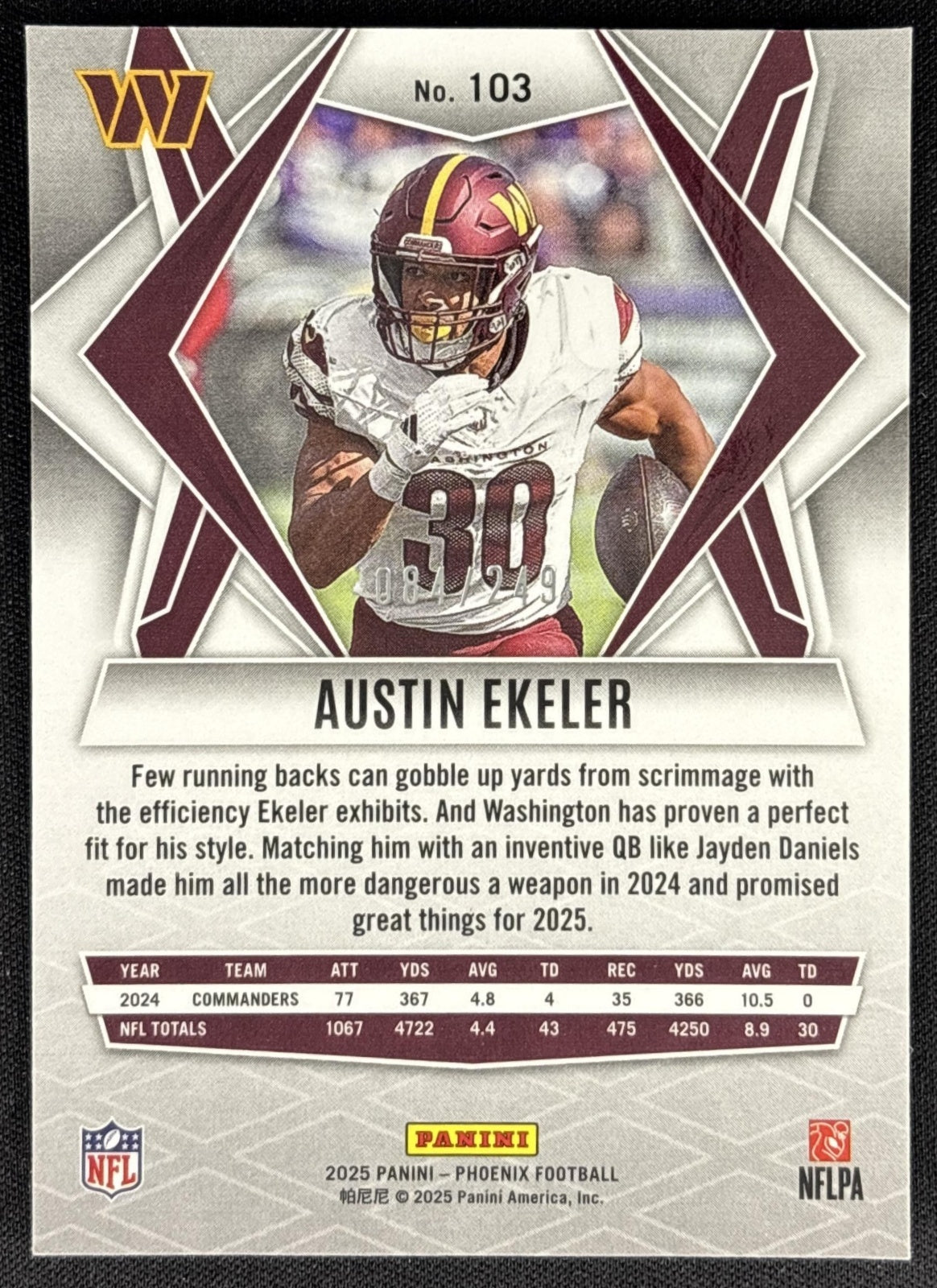 Austin Ekeler 2025 Panini Phoenix Purple Winter Prizm /249 Commanders