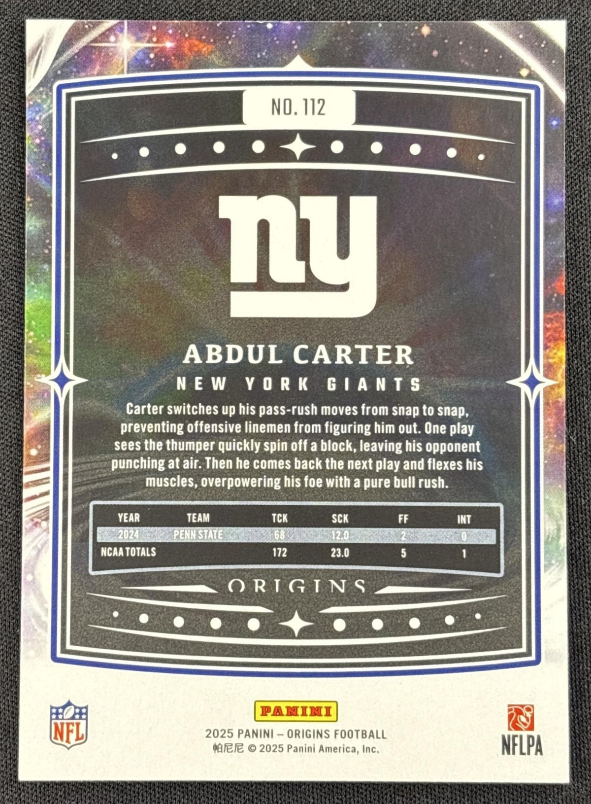 Abdul Carter 2025 Panini Origins Rookie Giants