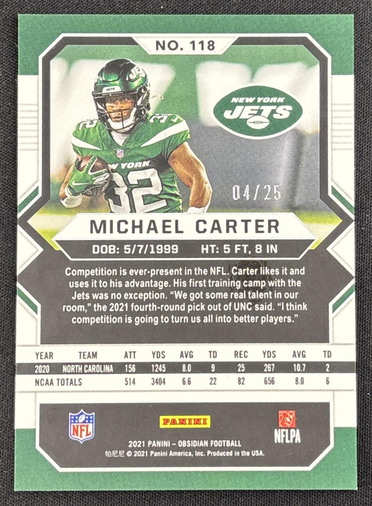 Michael Carter 2021 Panini Obsidian Electric Etch Yellow /25 Jets Sports Trading Card
