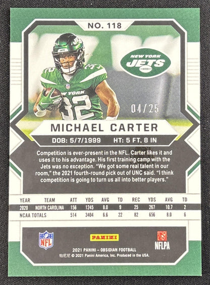 Michael Carter 2021 Panini Obsidian Electric Etch Yellow /25 Jets Sports Trading Card