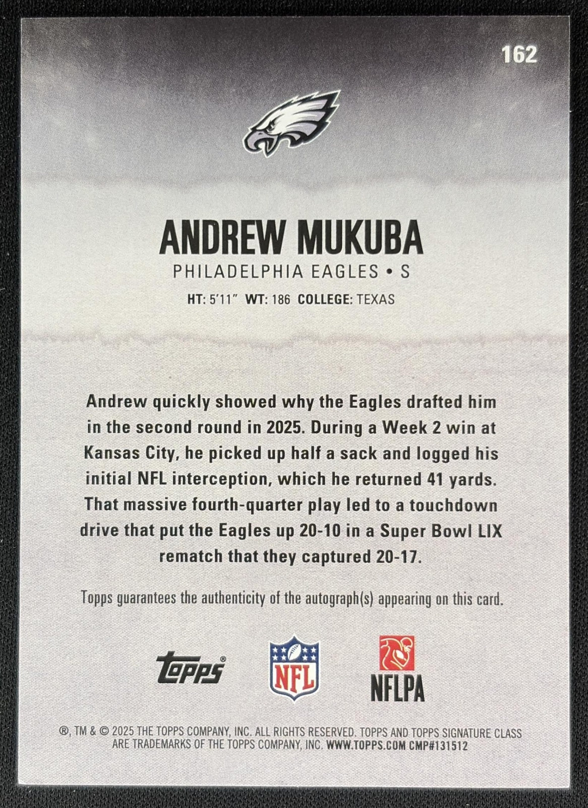 Andrew Mukuba 2025 Topps Signature Class Rookie Auto Eagles back