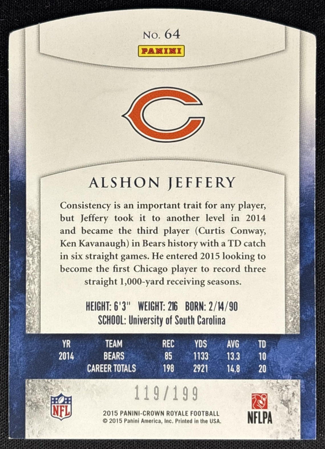 Alshon Jeffery 2015 Panini Crown Royale Retail Bronze /199 Bears back
