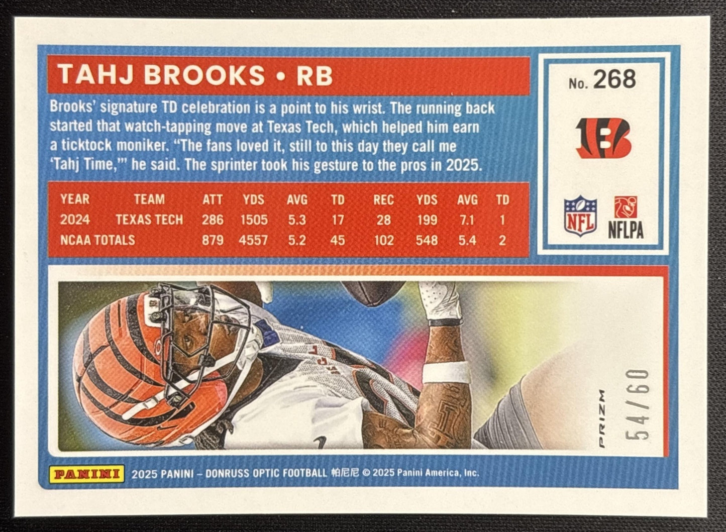 Tahj Brooks 2025 Panini Donruss Optic Rated Rookie Purple Prizm /60 Bengals Sports Trading Card