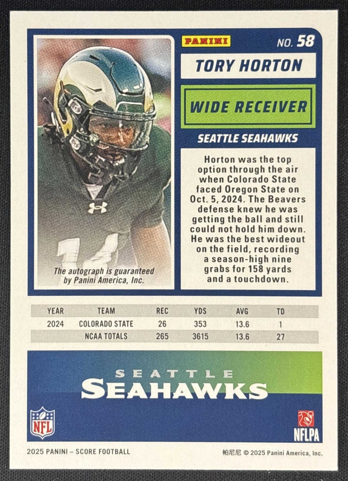 Tory Horton 2025 Panini Score Rookies Signatures Seahawks back