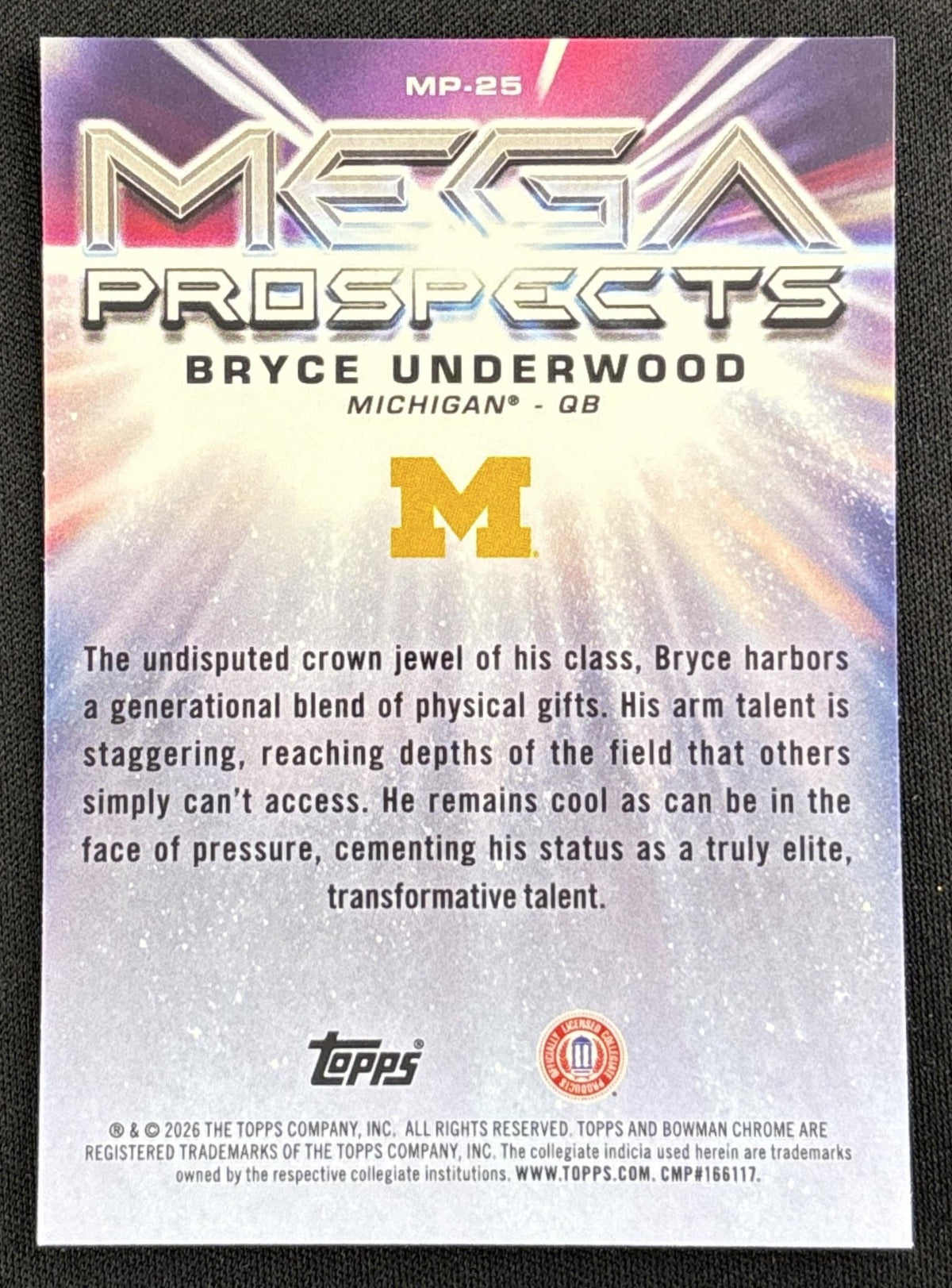 Bryce Underwood 2026 Bowman Chrome Mega Prospects Mojo Refractor Wolverines