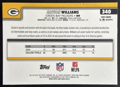 Savion Williams 2025 Topps Chrome Rookie Pink Wave Refractor /250 Packers Sports Trading Card