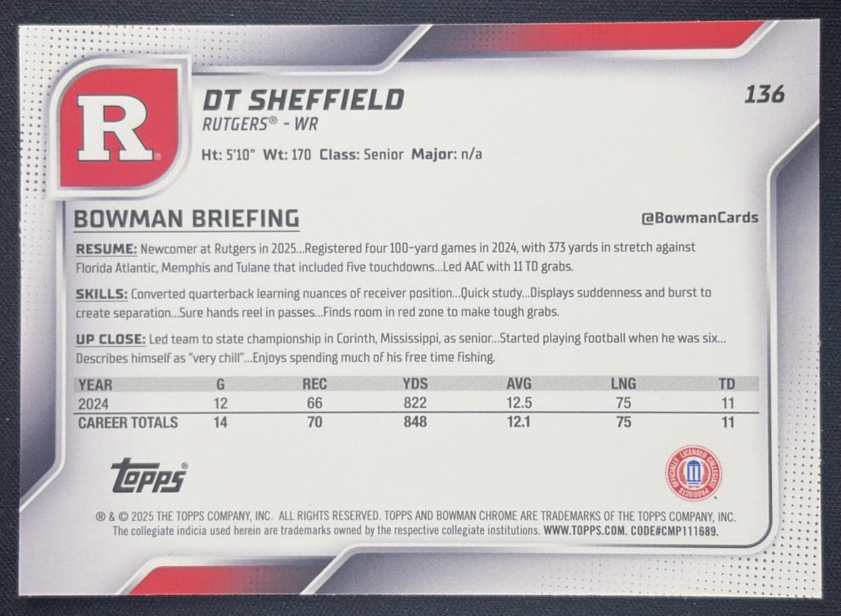 DT Sheffield 2025 Bowman Chrome University Prospects Lime Green Refractor /275 Scarlet Knights