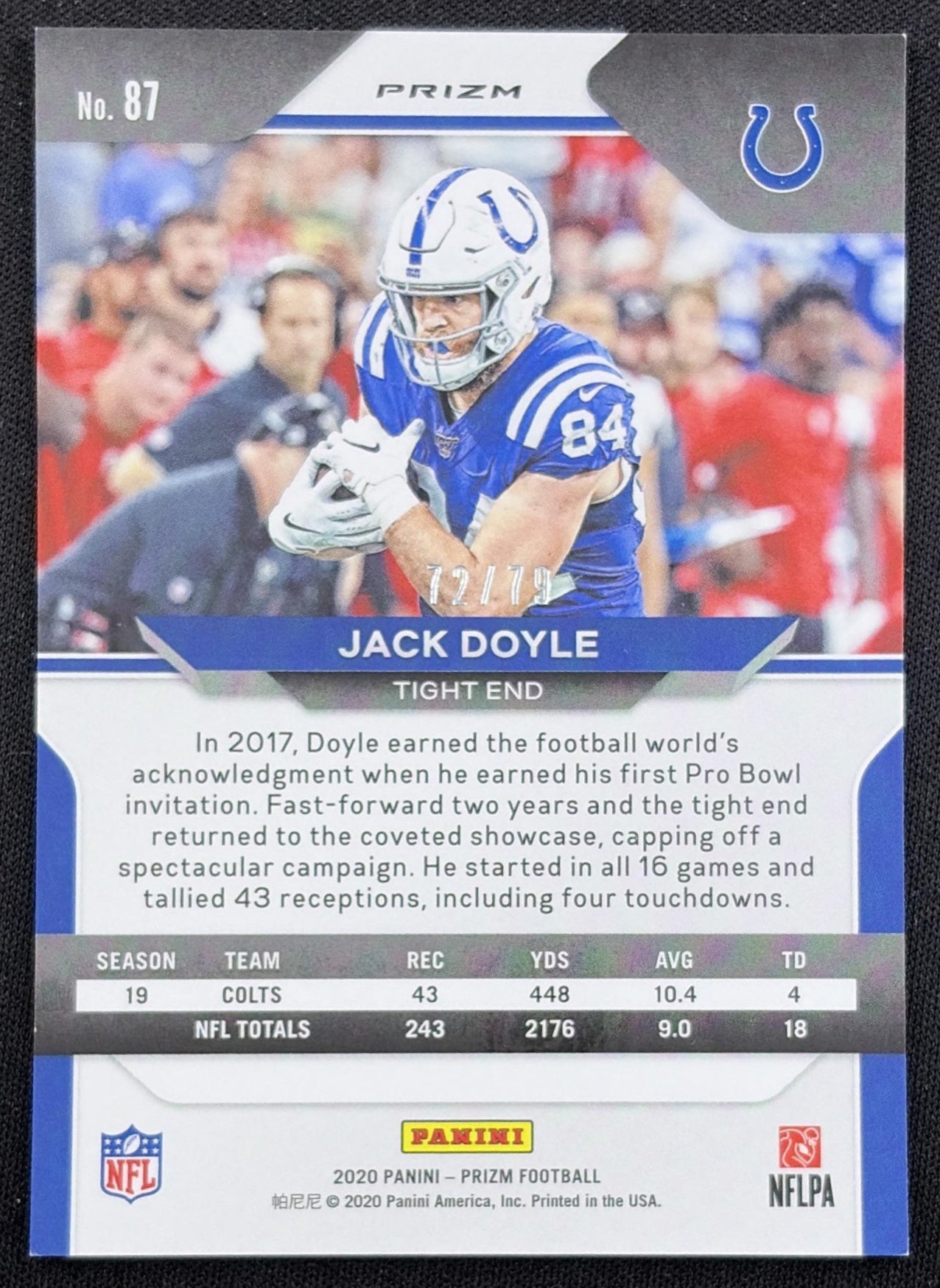 Jack Doyle 2020 Panini Prizm No Huddle Blue /79 Colts