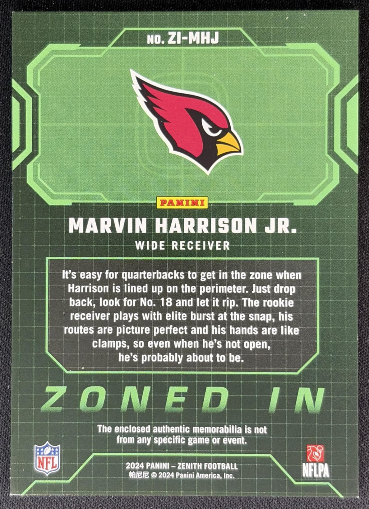 Marvin Harrison Jr. 2024 Panini Zenith Zoned In Cardinals back