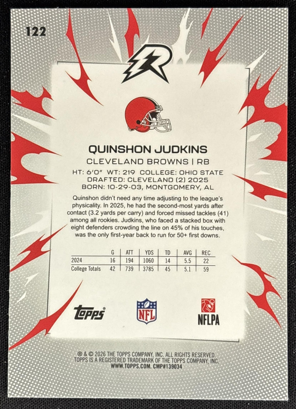 Quinshon Judkins 2025 Topps Resurgence Browns back