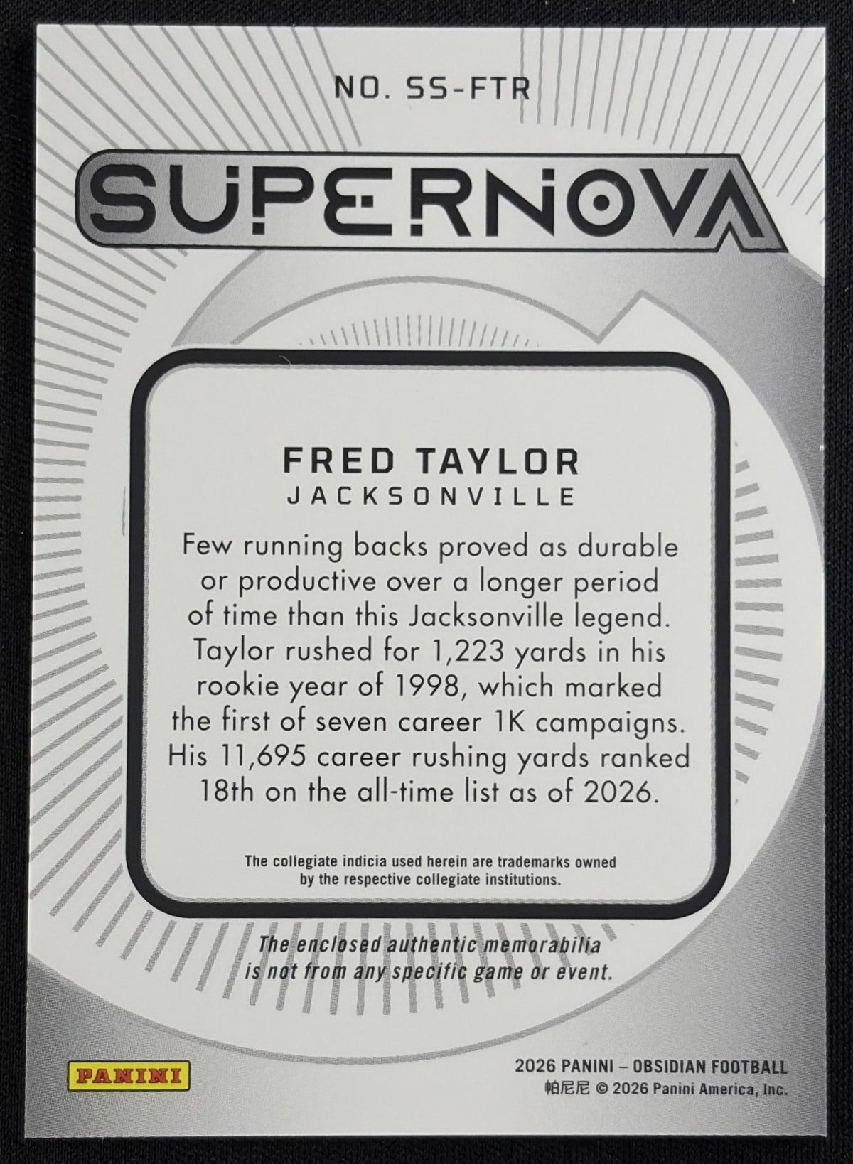 Fred Taylor 2026 Panini Obsidian Supernova Swatches Contour Jaguars