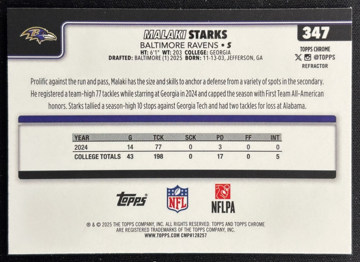 Malaki Starks 2025 Chrome Rookie Refractor Ravens Sports Trading Cards