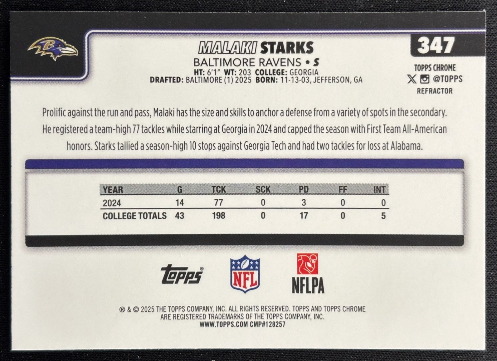 Malaki Starks 2025 Chrome Rookie Refractor Ravens Sports Trading Cards