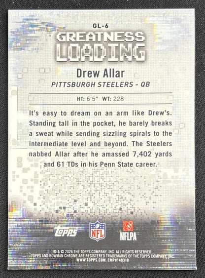 Drew Allar 2026 Bowman Greatness Loading Blue Refractor /150 Steelers